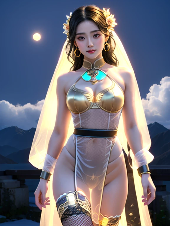 A female model, (Race:Chinese),((night),(moonlight),(Fall),(Mountains in summer，Sunset)), (8K Ultra HD, 8K, Ultra-high resolution, best quality, masterpiece, Surrealism), ((((Beautiful model-like face))), (Creating the image of a real girl), warm light, Realistic shadows, Dynamic poses, Elegant Posture, Cowboy lens, Full body front view, Be confident, Body facing the camera, Standing facing the camera, Open your legs slightly, Golden Ratio Graphics, Minimalism), (Happy smile, Big watery eyes, Cherry Blossom, Balanced Eyes, Oval face, Perfect beautiful face, Pretty Face, Normal facial features, Realistic skin, Skin is transparent and visible, Attention to skin details, Perfect limbs, Sports body, cosmetic, earrings, bracelet, necklace, Jewelry, veil, Hair accessories, Headdress), ((beautiful hair), black hair, Wavy curly hairstyle, Waist-length hair, Messy Hairstyle, Gradient hairstyles, Cyberpunk hairstyle), ((Transparent clothes：1.5), (The color of the clothes: Peach), Transparent Clothes, See-through clothes, Transparent Clothes, Tulle clothes, Mesh clothes, Transparent sci-fi clothes), (Sexy的, Perfect breast shape, Teardrop chest shape, Snow-white breasts, very detailed breasts, 34E cup), (Super high waist, Deep V, Low-cut, Sexy, Flattering, , (Camel toe, High fork strangulation)), (sock, Knee socks, 吊garter, Leg ring, garter, 腿部garter), (pattern:Clouds)