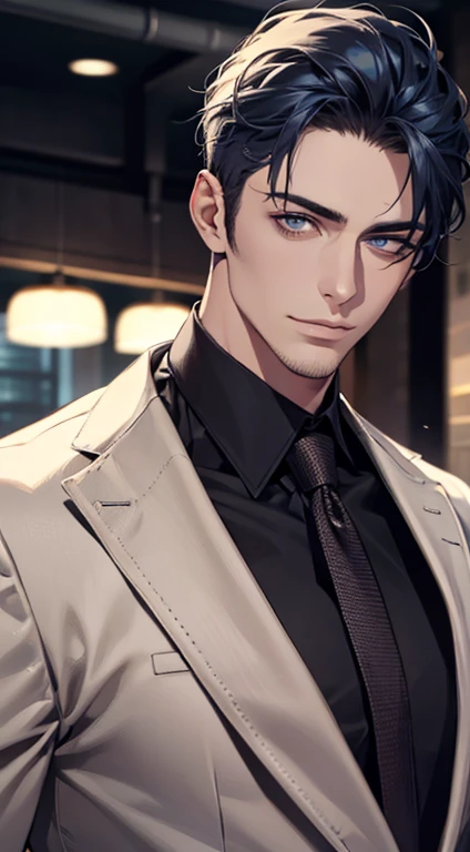 (best quality,4k,8k,highres,masterpiece:1.2),ultra-detailed,(realistic,photorealistic,photo-realistic:1.37),1 man,31 years old,mature man,very handsome,without expression,smile,short blue hair,blue eyes,penetrating gaze,perfect face without errors,imposing posture,businessman,office background,cinematic lighting,hdr image