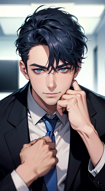 (best quality,4k,8k,highres,masterpiece:1.2),ultra-detailed,(realistic,photorealistic,photo-realistic:1.37),1 man,31 years old,mature man,very handsome,without expression,smile,short blue hair,blue eyes,penetrating gaze,perfect face without errors,imposing posture,businessman,office background,cinematic lighting,hdr image