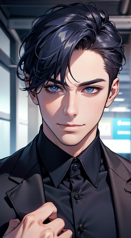 (best quality,4k,8k,highres,masterpiece:1.2),ultra-detailed,(realistic,photorealistic,photo-realistic:1.37),1 man,31 years old,mature man,very handsome,without expression,smile,short blue hair,blue eyes,penetrating gaze,perfect face without errors,imposing posture,businessman,office background,cinematic lighting,hdr image