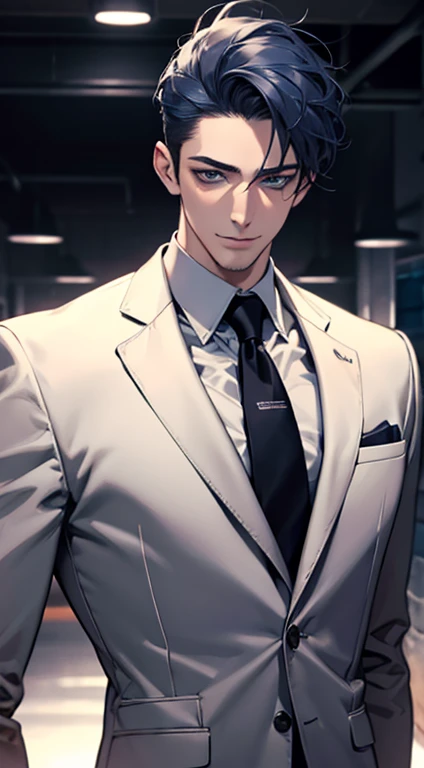(best quality,4k,8k,highres,masterpiece:1.2),ultra-detailed,(realistic,photorealistic,photo-realistic:1.37),1 man,31 years old,mature man,very handsome,without expression,smile,short blue hair,blue eyes,penetrating gaze,perfect face without errors,imposing posture,businessman,office background,cinematic lighting,hdr image
