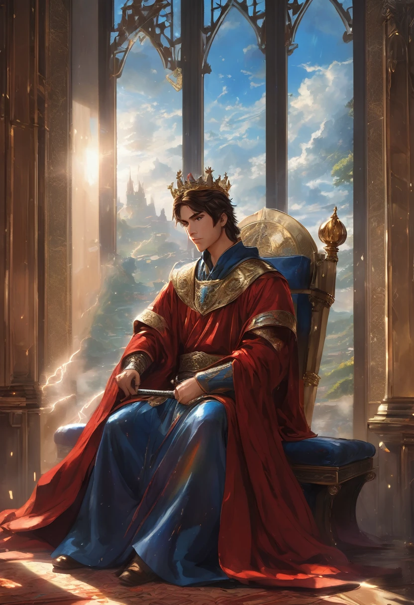 A brown-haired young man sat on the throne, his eyes are blue, holding a long sword, a prince in a red robe, wearing a crown, government, facing away from the window glass, there was thunder booming, fantasy theme, anime style, HD, masterpiece, 24k, super detail, super realistic, high resolution.