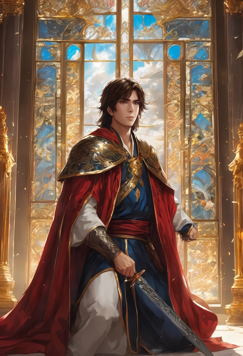 A brown-haired young man sat on the throne, his eyes are blue, holding a long sword, a prince in a red robe, wearing a crown, government, facing away from the window glass, there was thunder booming, fantasy theme, anime style, HD, masterpiece, 24k, super detail, super realistic, high resolution.