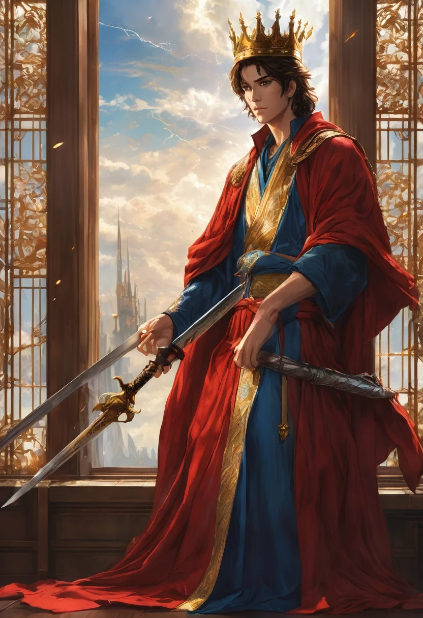 A brown-haired young man sat on the throne, his eyes are blue, holding a long sword, a prince in a red robe, wearing a crown, government, facing away from the window glass, there was thunder booming, fantasy theme, anime style, HD, masterpiece, 24k, super detail, super realistic, high resolution.