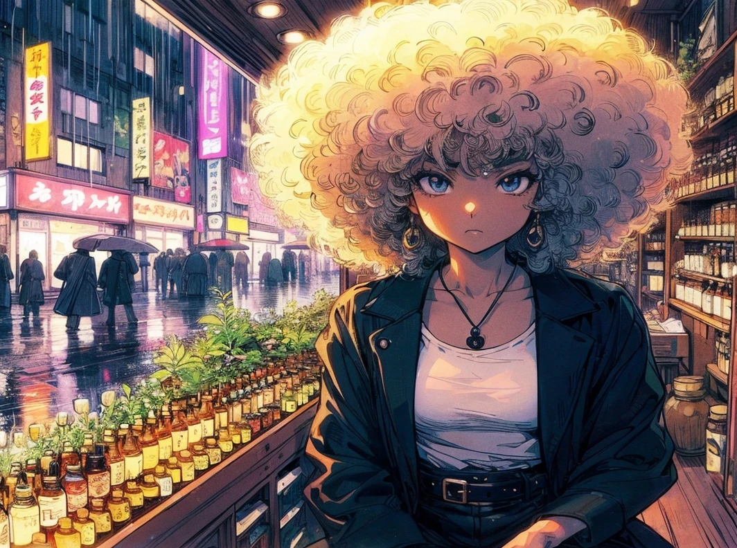 (Anime character style), (manga character style), (bd style), (Miyazaki design style) (ghibli color style) (Marvel style) Interior, by night, an ancient shop with vials and ancient remedies. Face us an mixed race woman with blond afro, black jacket, white teeshirt and black leather trouser. Low angle camera. High fidelity, high skin details, aspect 16:9, her eyes look determined. Low light in the store, some medicinal plants On table, some weeds on table