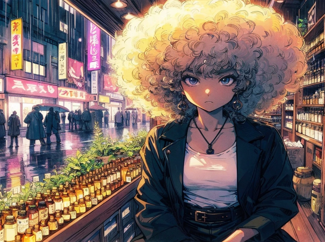 (Anime character style), (manga character style), (bd style), (Miyazaki design style) (ghibli color style) (Marvel style) Interior, by night, an ancient shop with vials and ancient remedies. Face us an mixed race woman with blond afro, black jacket, white teeshirt and black leather trouser. Low angle camera. High fidelity, high skin details, aspect 16:9, her eyes look determined. Low light in the store, some medicinal plants On table, some weeds on table