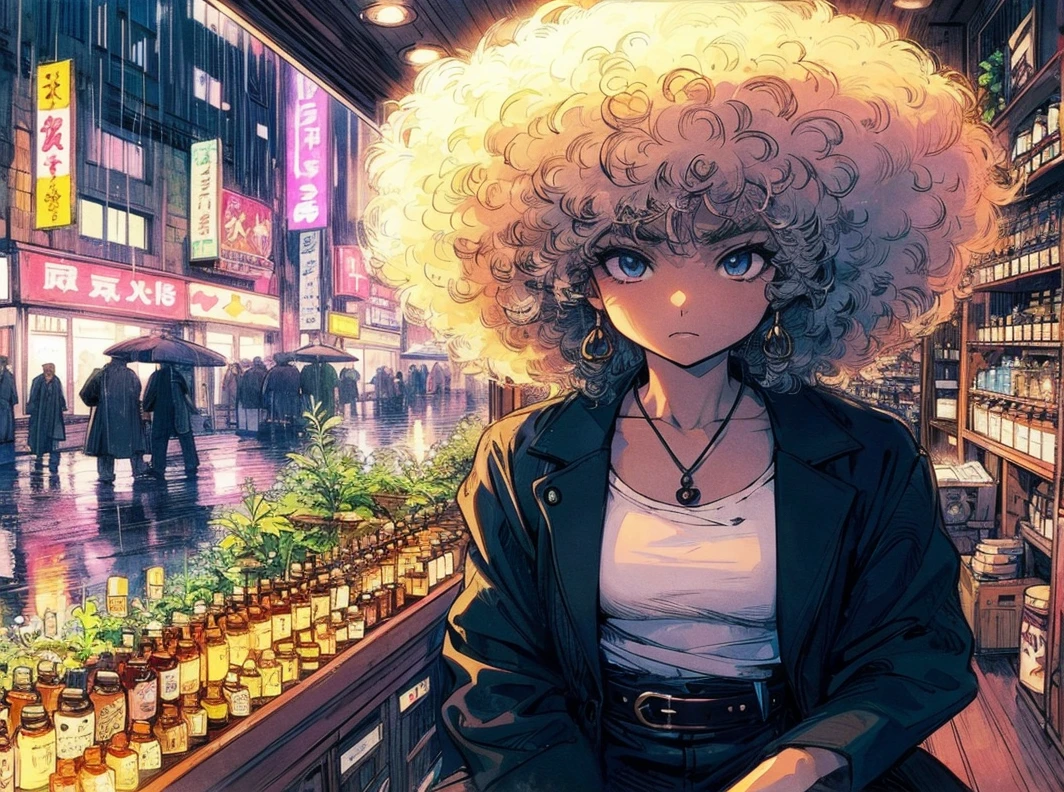 (Anime character style), (manga character style), (bd style), (Miyazaki design style) (ghibli color style) (Marvel style) Interior, by night, an ancient shop with vials and ancient remedies. Face us an mixed race woman with blond afro, black jacket, white teeshirt and black leather trouser. Low angle camera. High fidelity, high skin details, aspect 16:9, her eyes look determined. Low light in the store, some medicinal plants On table, some weeds on table