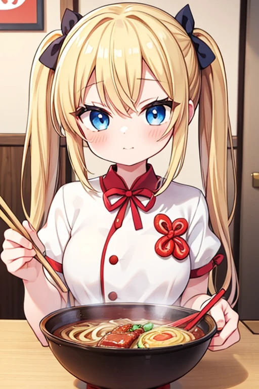 Eat Jiro-style ramen with a large serving of char siu,Ramen Jiro,Highest quality,Blonde with blue eyes、Lolita、Small breasts、Twin tails、girl'mischief,smile,