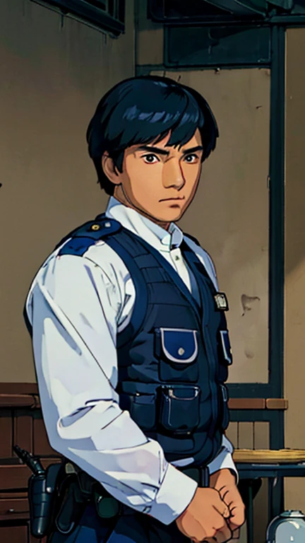 (a jchan man), (extremely detailed CG unit 8k wallpaper),(master part), (best quality), (ultra detali), (best illustration),(Police uniform), cowboy shot, (Sharp eyeliner, ombre, detailed eyes:1), earth in the background, police station indoors, ,break , (ghibli style), upper body,short hair, black hair