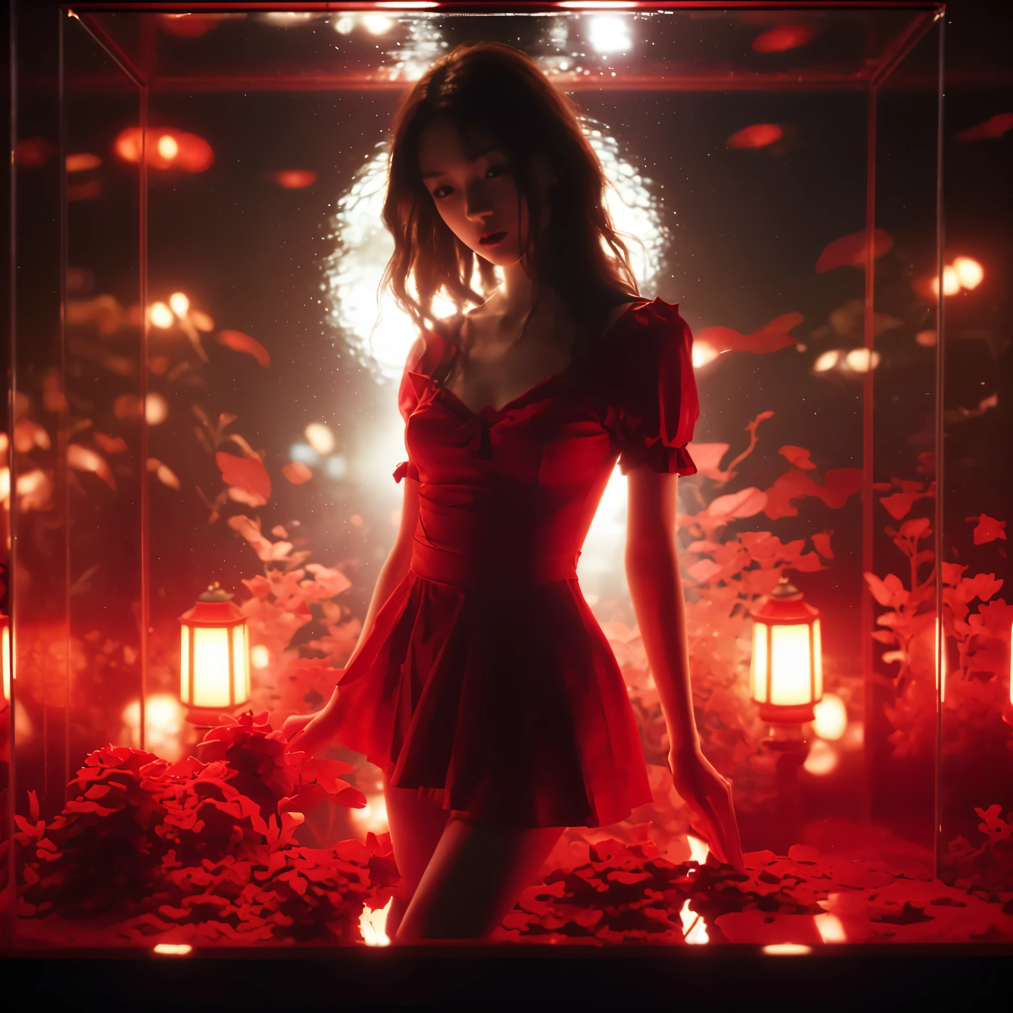 backlight dramatic night photography, night scene, 40 years japanese slender pretty women, pale face, curve body, very messy brown hair, wearing red flower mini dress, posing inside red glass aquarium display, red lamp source of light, sensual make up, epicrealism, film dramatic realism, pre-raphaelite realism, low tone photography, hard focus realism --ar 36:61 --stylize 750 --v6 