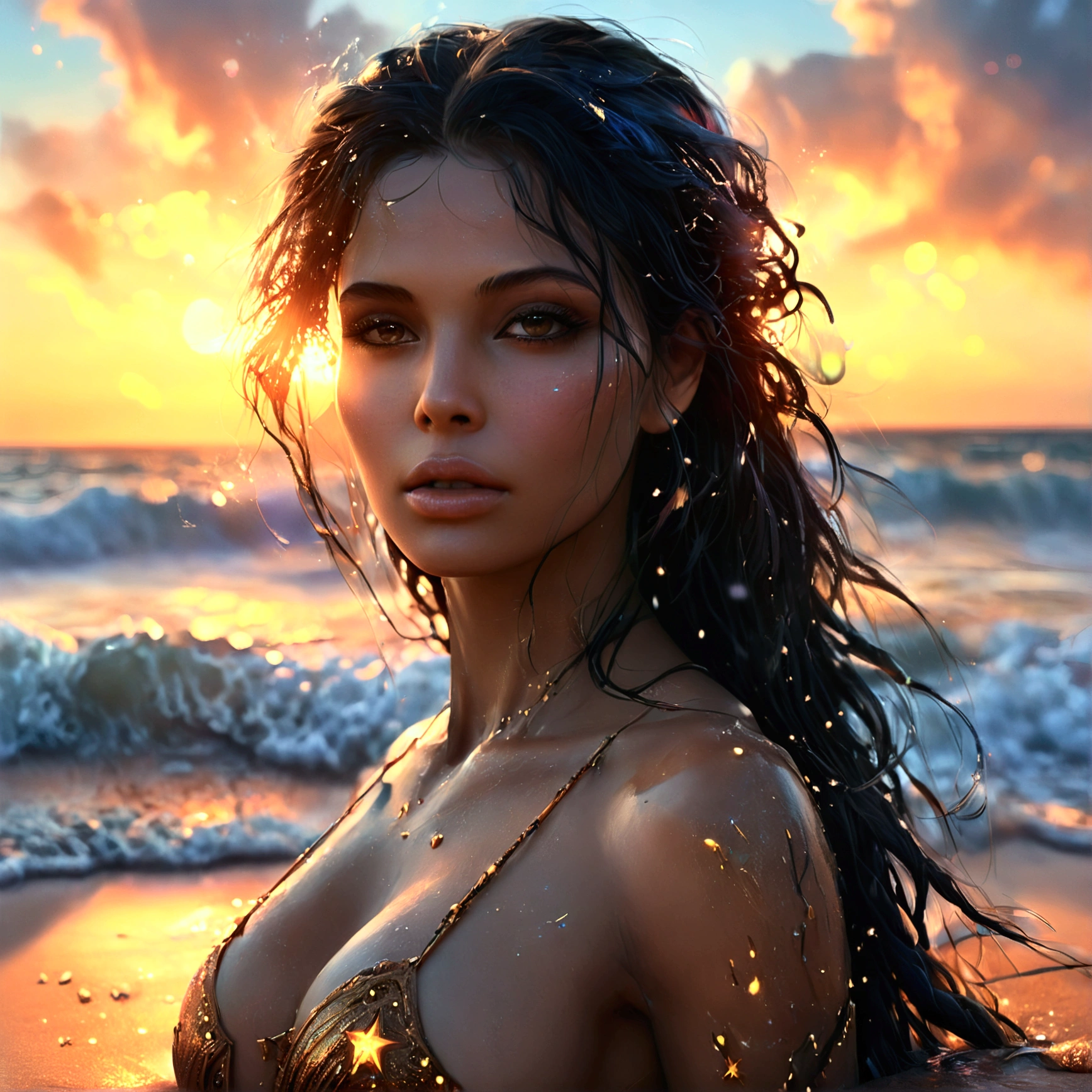 woman in a red maxi dress  walking into the sea, iranian, long pink gloves, elegant, closeup fantasy with water magic,((waveeautiful maiden, wearing a dress made of water, cleavage, realistic oil painting, dripping wet, in water up to her shoulders, woman soaked by waves,  beautiful realistic painting, nymph in the water, hyperrealist portrait in ocean, hyperrealistic fantasy photo, splashing, realistic fantasy painting, cute shot, narrow depth of field, portrait, sunset, golden hour, 8k, drenched, ((soaked)), dripping water, dripping oil, heavy clothes, soaked in oil, wet all over, short dark hair, wet dripping hair, pov shot, portrait, posing