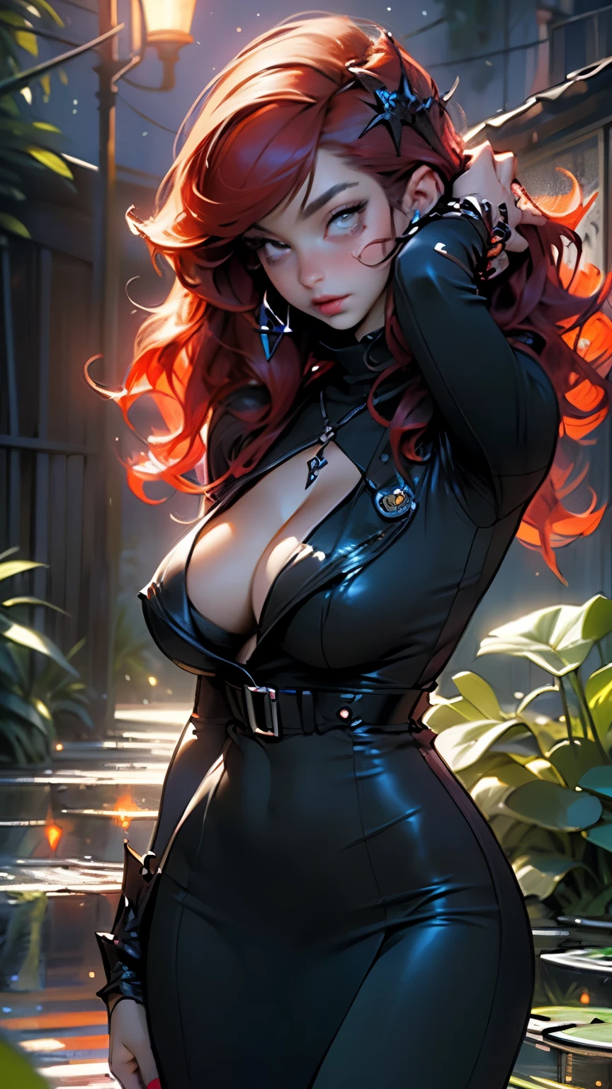 vampire Girl,goth Girl,Girl,1 Gothic Girl,

(big boobs:1.4),((((Curly hairs,redhead, dark red hair)))),(((gore_Colored_eyes:1.3))),complicated eyes,beautiful detailed eyes,symmetrical eyes,((((pale skin,shiny skin:1.5,tanned skin,light skin: 1.5,Skin tanned,shiny skin,very shiny skin,shiny body)))),(Spider abdomen,Slender waist,wide hips,athletic body,pumped up legs,thick thighs),(((detailed face))),beautiful detailed lips,pretty face,

(Grusel),eerie,

(((dark character))),((corruption)),very sexual,slutty,sensual,seductive look,seductive,((erotic)),opulent,lush,(((Not suitable for work))),

a woman dressed in black and red, queen dark Gothic, She is the queen of black roses, Queen of Hell, medieval, dark goddess, beautiful and elegant demon queen, Gothic Grusel vibes, beautiful vampire queen, Gothic maiden of darkness, Gothic maiden,exotic black and red dress, neck ribbon, Gothic, gorey,beautiful headdress, Crosses, silver jewelry, redhead,black lipstick and eyeshadow, Accessories include cross medal, pentagram, Crosses, Capes, scarf, ((Huge cleavage:1.5)),

dynamic and seductive pose,Viewers look at,serious attitude ,centered,Adjust to dimensions,Rule of thirds,

((((many Firefly,Firefly,glowing Firefly,Firefly in the background)))),

outside,((overgrown at night)),(Overgrown background,glowing crystals,bioluminescent plant),with dark stormy clouds,landscape:1.25,complicated landscape,extremely landscape,(((glowing crystals,bioluminescent plants))),(Puddles everywhere,Moos,Moos on the background),clouds,Water lilies,palm trees,already,

(Shiny vampire ornaments),highres,keen focus,(extremely detail,extremely detail),(photorealistic artwork:1.37),(extremely detail CG unity 8k wallpaper),(((bright colours,lively topic))),(complicated