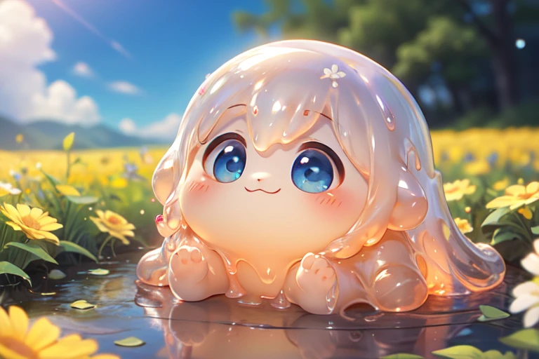 (Slime), lovely, ピンク色のSlime, Big eyes, Flower Field, blue sky, sunlight