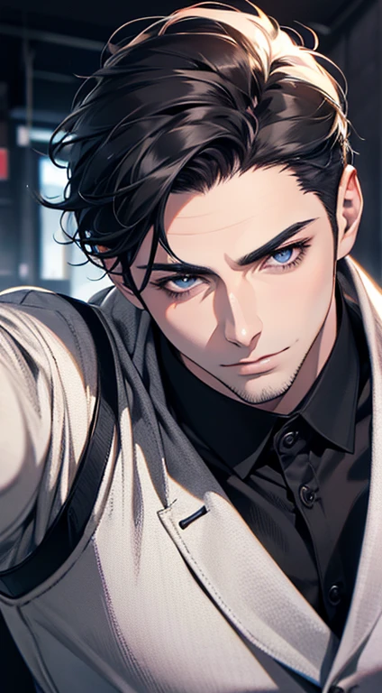 (best quality,4k,8k,highres,masterpiece:1.2),ultra-detailed,(realistic,photorealistic,photo-realistic:1.37),1 man,31 years old,mature man,very handsome,without expression,smile,short grey black hair,blue eyes,penetrating gaze,perfect face without errors,imposing posture,businessman,office background,cinematic lighting,hdr image