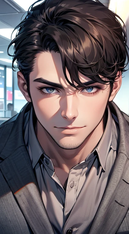 (best quality,4k,8k,highres,masterpiece:1.2),ultra-detailed,(realistic,photorealistic,photo-realistic:1.37),1 man,31 years old,mature man,very handsome,without expression,smile,short grey black hair,blue eyes,penetrating gaze,perfect face without errors,imposing posture,businessman,office background,cinematic lighting,hdr image