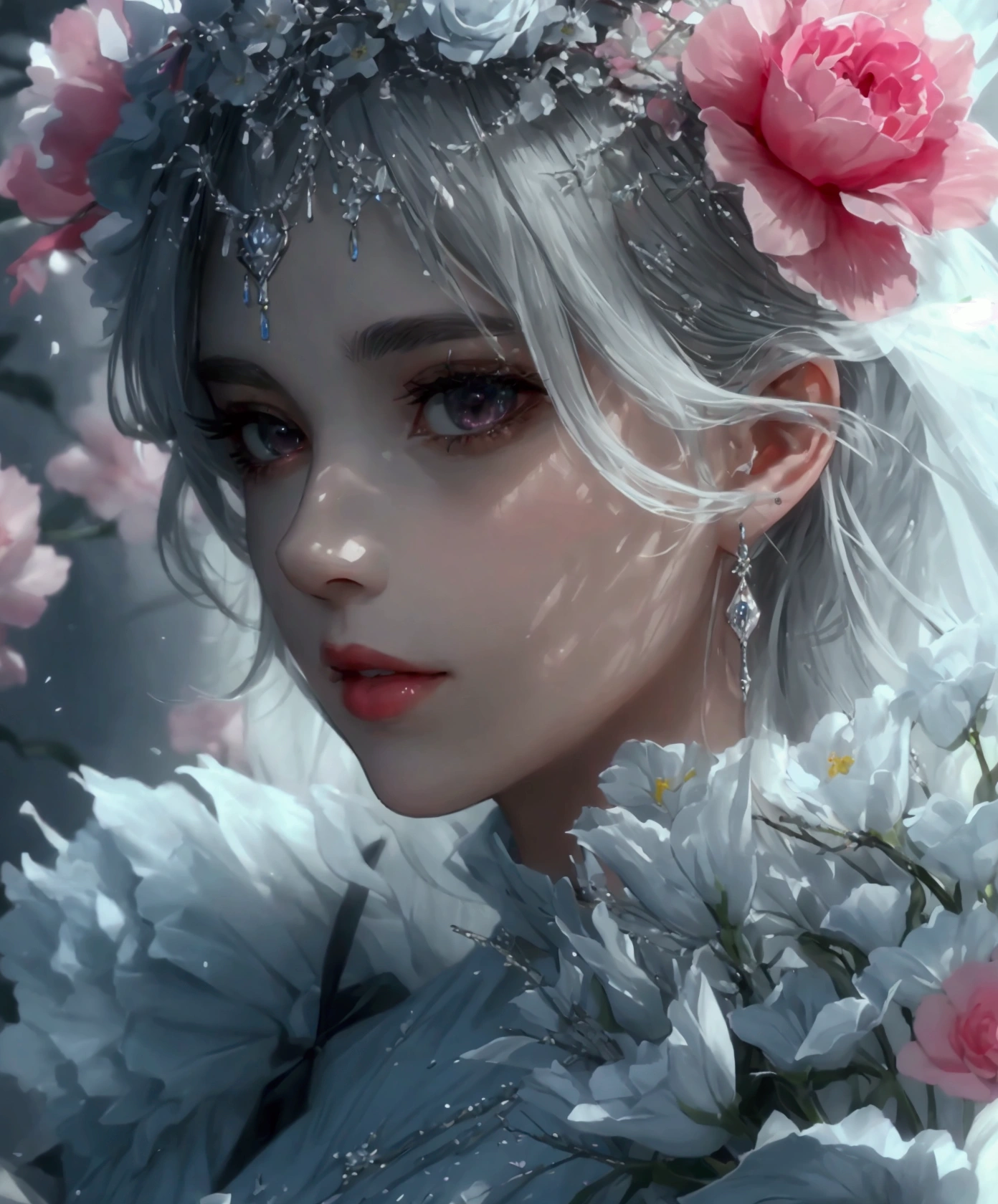 Masterpiece, Superb Girl, Night Moon Full Moon, 1 Female, Mature Woman, Sister, Royal Sister, Cold Face, Expressionless, Silver-White Long-Haired Woman, Light Pink Lips, Calm, Intellectual, Three-banded Gray Eyes, Assassin Short Knife, Flower Ball Background, Hand Details, Finger Details, Facial Details, Eye Details,