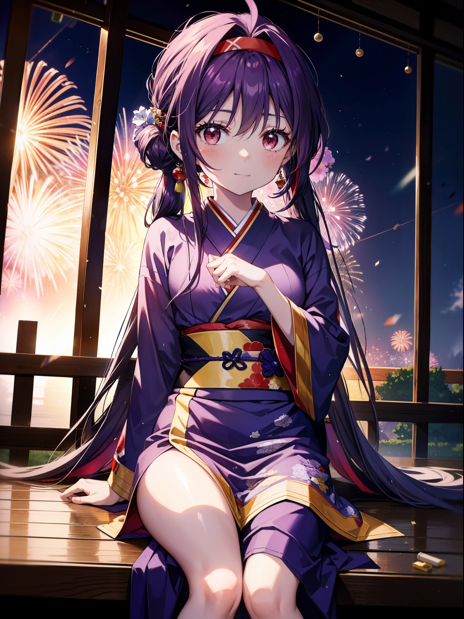 yuukikonno, Yuuki Konno, hair band, Long Hair, Pointed Ears, Purple Hair, Ahoge,(Red eyes:1.5), (Small breasts:1.2),low twin tail,smile,blush,Open your mouth,Purple Kimono,Purple long skirt,Fireworks in the night sky,Fireworks,The place is a fireworks display,Time is night,sunny day,Sitting on a bench,Wind Chimes,whole bodyがイラストに入るよう,
break looking at viewer, , whole body, (Cowboy Shot:1. 5)
break indoors, Veranda,Japanese garden,
break (masterpiece:1.2), Highest quality, High resolution, unity 8k wallpaper, (figure:0.8), (Beautiful attention to detail:1.6), Highly detailed face, Perfect lighting, Highly detailed CG, (Perfect hands, Perfect Anatomy),