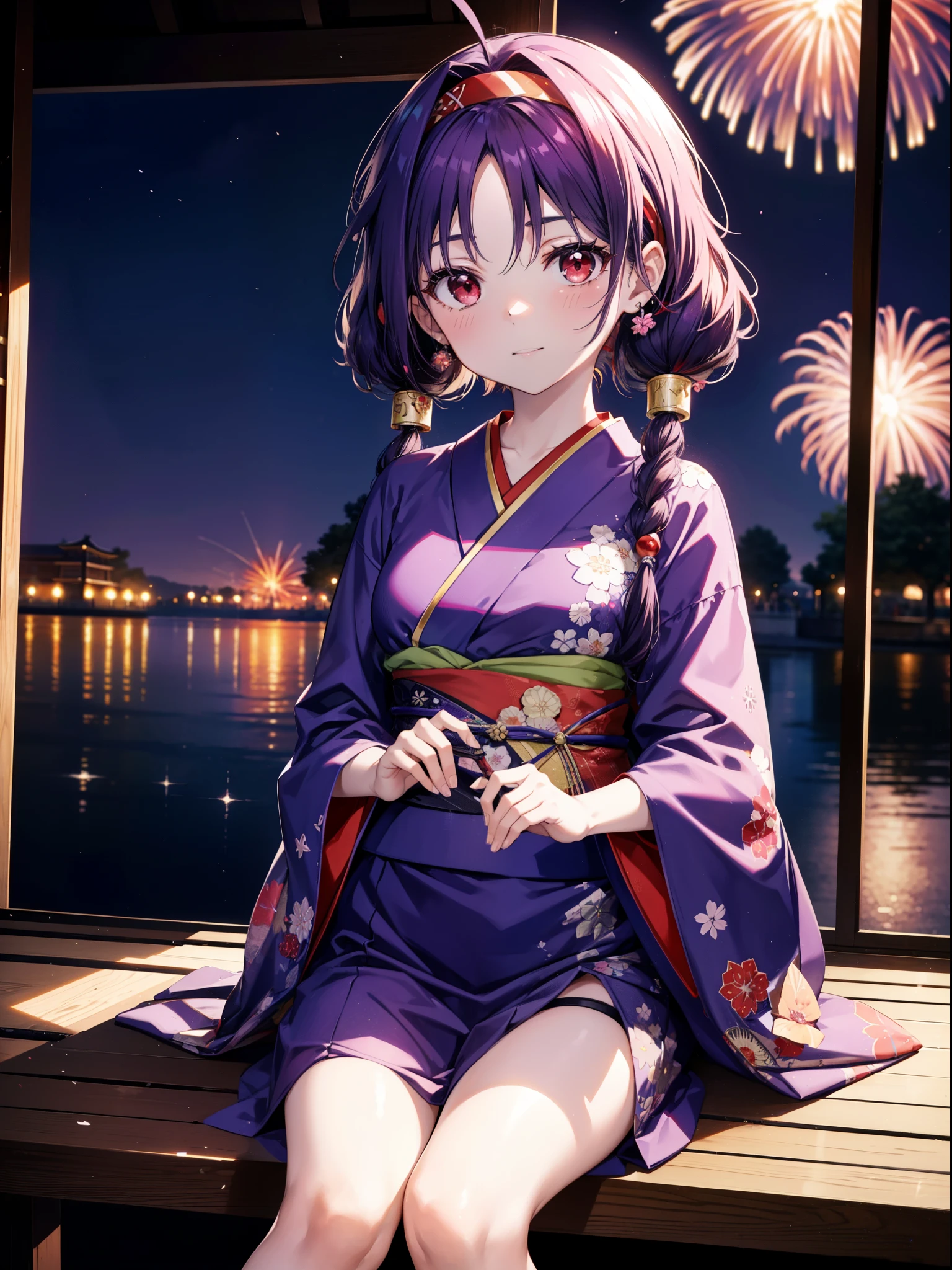 yuukikonno, Yuuki Konno, hair band, Long Hair, Pointed Ears, Purple Hair, Ahoge,(Red eyes:1.5), (Small breasts:1.2),low twin tail,smile,blush,Open your mouth,Purple Kimono,Purple long skirt,Fireworks in the night sky,Fireworks,The place is a fireworks display,Time is night,sunny day,Sitting on a bench,Wind Chimes,whole bodyがイラストに入るよう,
break looking at viewer, , whole body, (Cowboy Shot:1. 5)
break indoors, Veranda,Japanese garden,
break (masterpiece:1.2), Highest quality, High resolution, unity 8k wallpaper, (figure:0.8), (Beautiful attention to detail:1.6), Highly detailed face, Perfect lighting, Highly detailed CG, (Perfect hands, Perfect Anatomy),