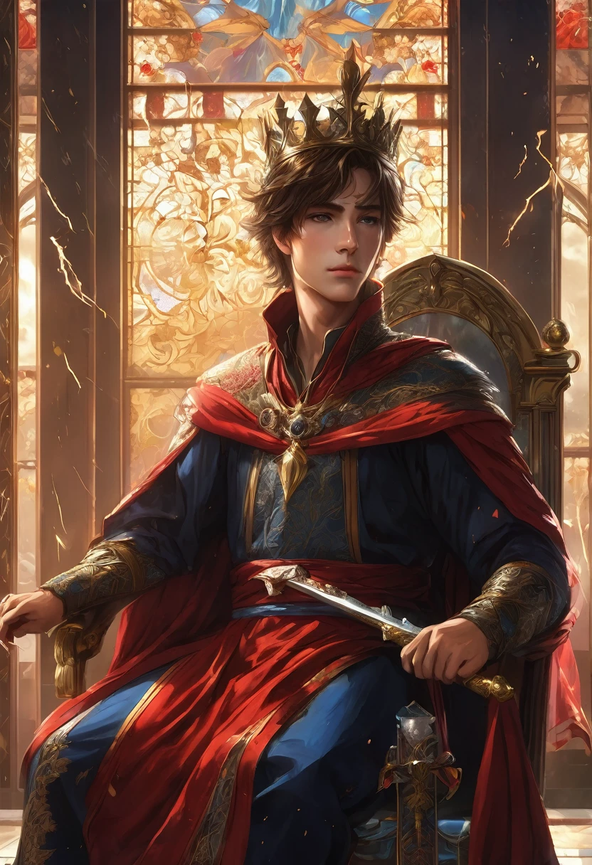 A brown-haired young man sat on the throne, his eyes are blue, holding a long sword, a prince in a red robe, wearing a crown, government, facing away from the window glass, there was thunder booming, fantasy theme, anime style, HD, masterpiece, 24k, super detail, super realistic, high resolution.