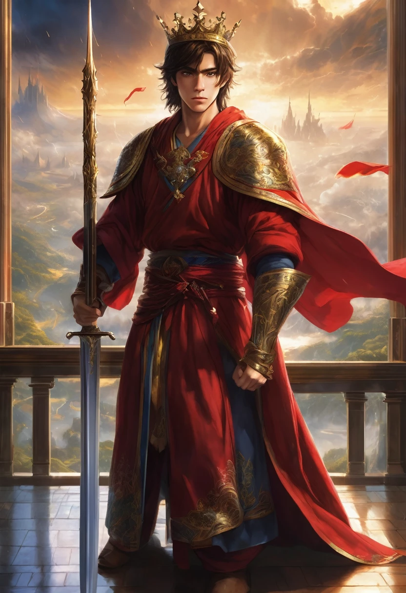 A brown-haired young man sat on the throne, his eyes are blue, holding a long sword, a prince in a red robe, wearing a crown, government, facing away from the window glass, there was thunder booming, fantasy theme, anime style, HD, masterpiece, 24k, super detail, super realistic, high resolution.
