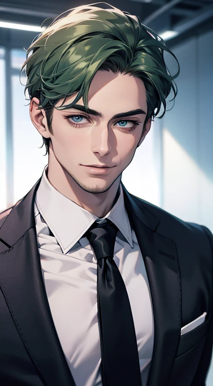 (best quality,4k,8k,highres,masterpiece:1.2),ultra-detailed,(realistic,photorealistic,photo-realistic:1.37),1 man,31 years old,mature man,very handsome,without expression,smile,short green hair,blue eyes,penetrating gaze,perfect face without errors,imposing posture,businessman,office background,cinematic lighting,hdr image