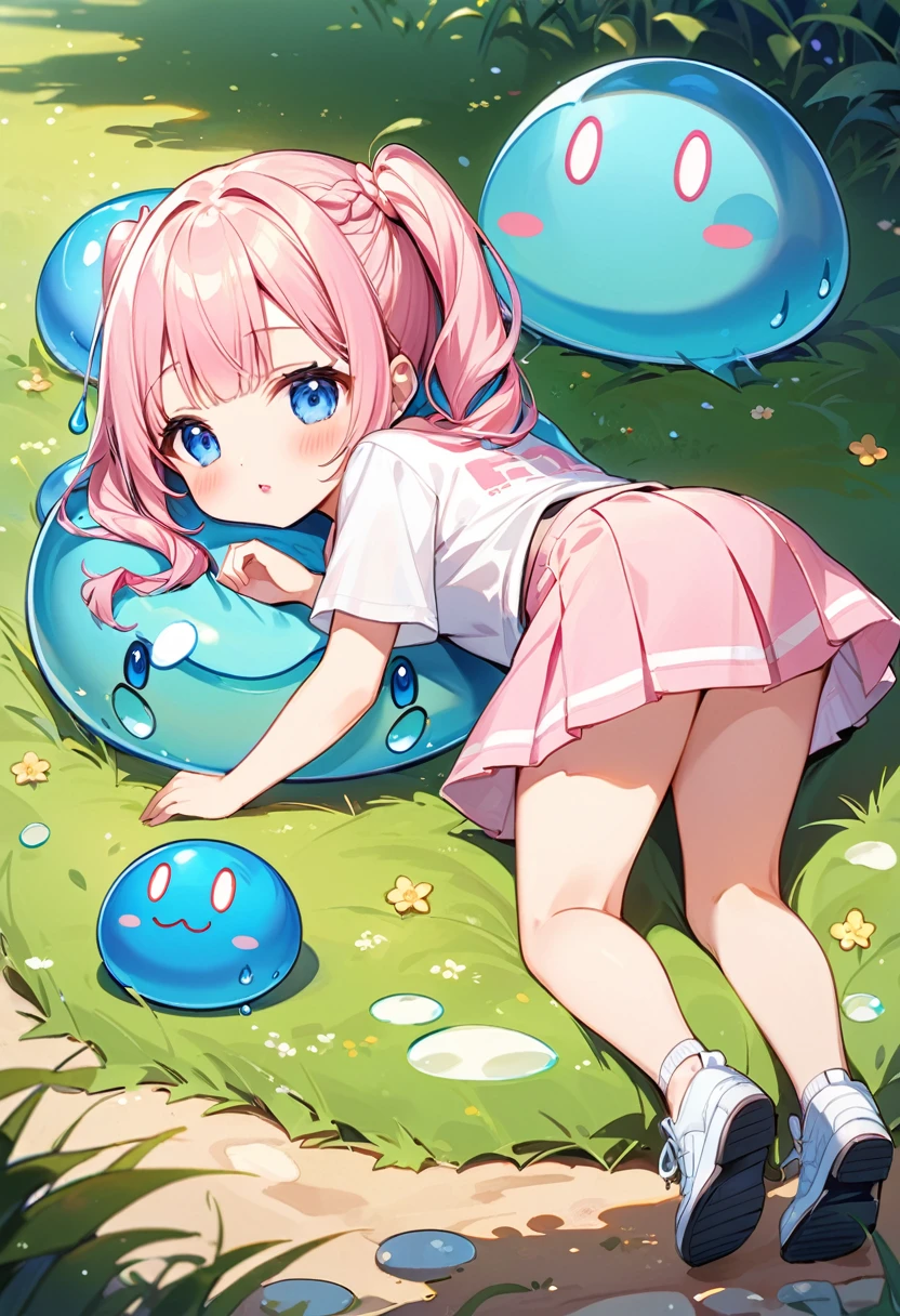 Highest quality、High resolution、Detailed Background、Beautiful face in every detail、Anatomically correct、Detailed facial expressions、fine grain、((full body, side view)), ((One Girl:1.2)、(Chibi Girl:1.2))、((Slime is nearby:1.2))、Cute hair color、Big beautiful blue eyes、Fuller lips、Pink Lips、Braided twin tails、(Cute T-Shirts、Ｖneck、mini skirt、Cute Shoes)、break　grassland、((Lying face down、rest one&#39;s chin on one&#39;s hand))、I&#39;m tired and very sleepy、(Sleeping with both eyes closed:1.2)、Happy expression、((Big yawn))、Close-up of the mouth、(The background is a flower field、sunset)