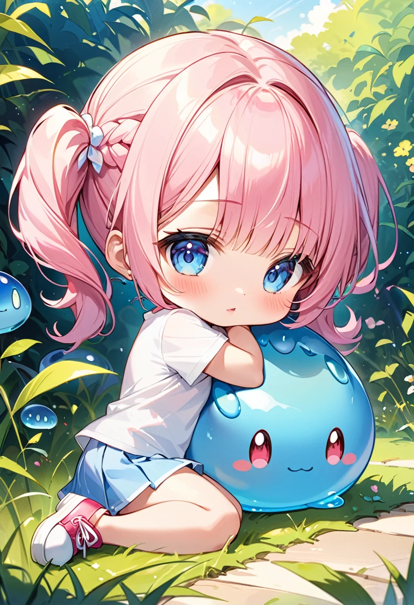 Highest quality、High resolution、Detailed Background、Beautiful face in every detail、Anatomically correct、Detailed facial expressions、fine grain、((full body, side view)), ((One Girl:1.2)、(Chibi Girl:1.2))、((Slime is nearby:1.2))、Cute hair color、Big beautiful blue eyes、Fuller lips、Pink Lips、Braided twin tails、(Cute T-Shirts、Vneck、mini skirt、Cute Shoes)、break grassland、((Lying face down、rest one's chin on one's hand))、I'm tired and very sleepy、(Sleeping with both eyes closed:1.2)、Happy expression、((Big yawn))、Close-up of the mouth、(The background is a flower field、sunset)