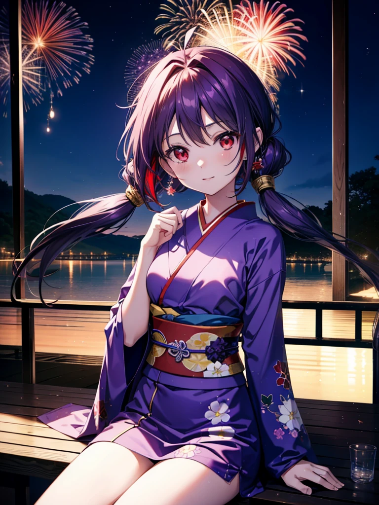 yuukikonno, Yuuki Konno, hair band, Long Hair, Pointed Ears, Purple Hair, Ahoge,(Red eyes:1.5), (Small breasts:1.2),low twin tail,smile,blush,Open your mouth,Purple Kimono,Purple long skirt,Fireworks in the night sky,Fireworks,The place is a fireworks display,Time is night,sunny day,Sitting on a bench,Wind Chimes,whole bodyがイラストに入るよう,
break looking at viewer, , whole body, (Cowboy Shot:1. 5)
break indoors, Veranda,Japanese garden,
break (masterpiece:1.2), Highest quality, High resolution, unity 8k wallpaper, (figure:0.8), (Beautiful attention to detail:1.6), Highly detailed face, Perfect lighting, Highly detailed CG, (Perfect hands, Perfect Anatomy),