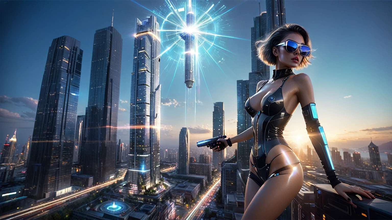 At dark night, aerial view of futuristic sci-fi cyberpunk city, skyscrapers, (flying vehicle), vortex-spirit-spreading giant hologram ((clock tower)) as time machine, Matrix style, (1girl, solo), large-breast:1.2 slim body, cleavage:1.3, tube top, miniskirt, (mini black sunglasses), ((holding a laser pistol)), dynamic pose, half-body thigh level medium shot, cinematic lighting, lens flare, ray tracing.