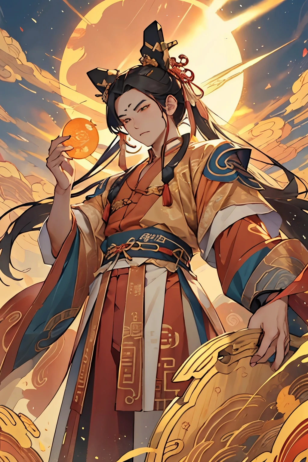 ((best quality)), ((masterpiece)), (detailed), Chinese Mythology,During the Song Dynasty,Male immortals。The god who rules the sun,Majestic and martial