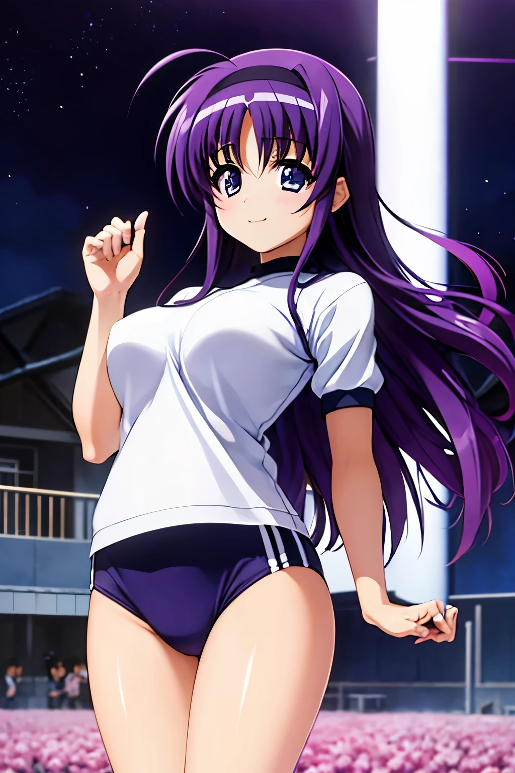 Suzuka Tsukimura、suzuka、"Magical Girl Lyrical Nanoha"、Purple Hair、long hair、hair band、Big Breasts、high school girl、Night Clan、Gym suit、Bloomers、A kind smile、Hands clasped behind back（（（ＳＦＷ、sound、Highest quality、first-clasasterpiece、Normal body、8k、Detailed face、Ultra-precision、Normal hand、Normal finger、５Finger、Highest）））