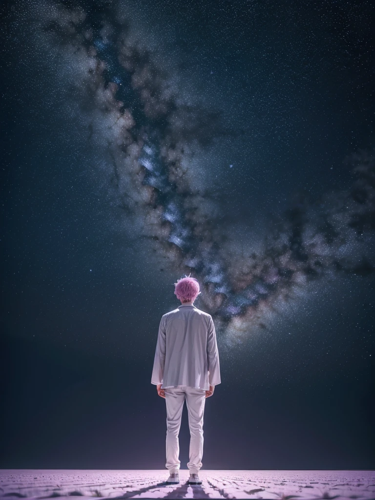 ((work of art,best qualityer)),(negative space:1.4),(1 men, standing alone:1.4),beautiful detailed eyes,pastel pink and lavender floating hair, lavender eyes, at night, starry sky, shining stars