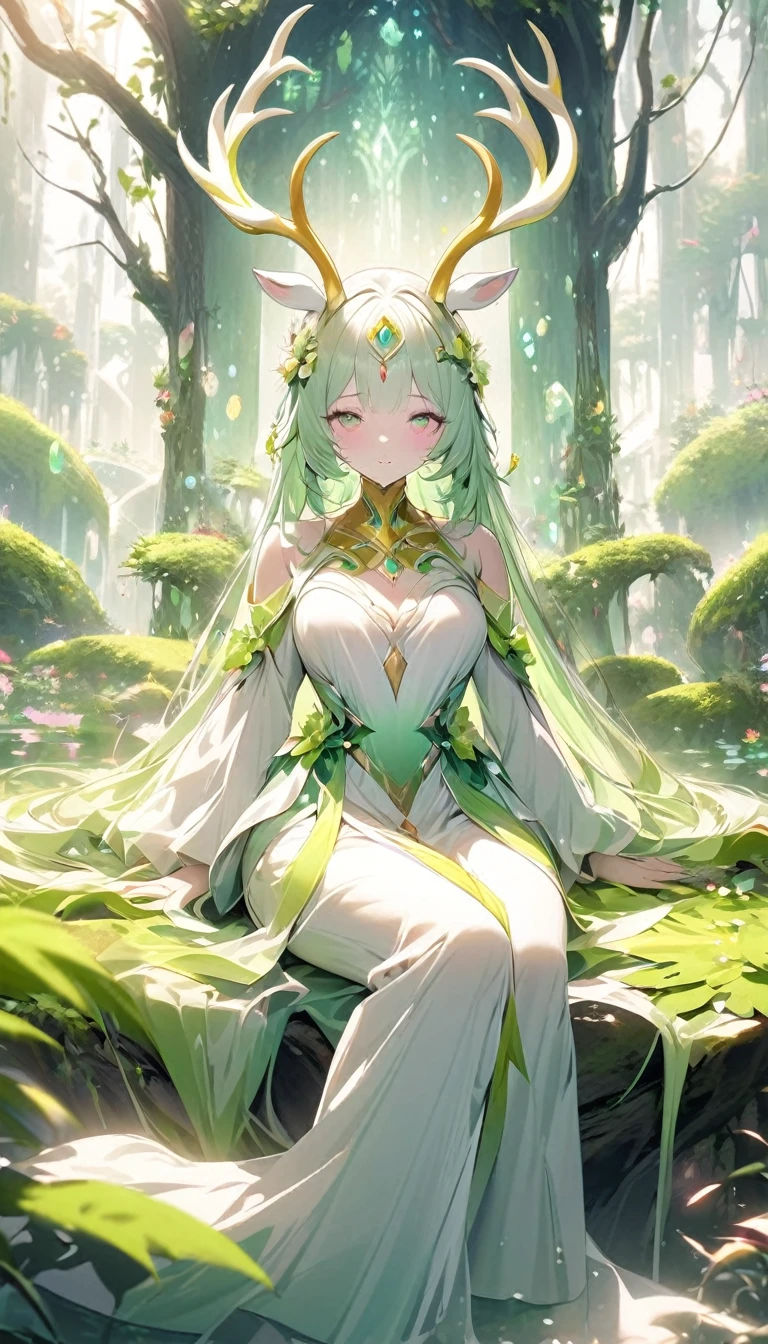 Surreal photos,Seven-Colored Deer Guardian,High-resolution photos,Huge and beautiful seven-colored deer,A peaceful and dreamy scene,A woman in a princess dress sits next to a giant seven-colored deer,The woman is very sexy,Detailed facial details,The background is a magical forest full of spirituality,Create a soft and ethereal atmosphere。The overall composition is beautiful