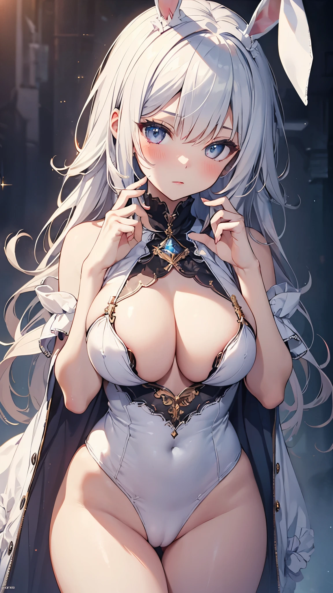 cowboy shot, (white bunny girl),(large breasts),blush,slender,(pose partially visible vulva),masterpiece,Noise Reduction,perfect anatomy,high resolution, ultra-detailed, ultra-detailed face,game cg,dutch angle ,beautiful detailed eyes,visualart,five fingers, perfect hands, perfect lighting, sparkling pupils,