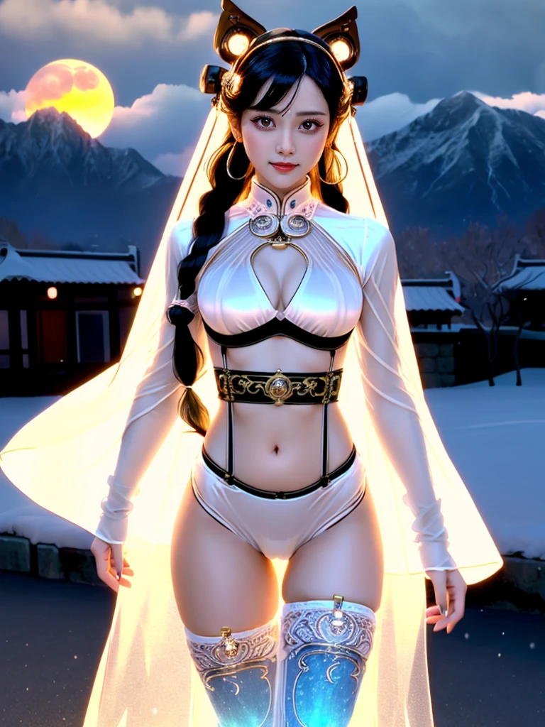 A female model, (Race:Chinese),((night),(moonlight),(Fall),(Mountains in summer，Sunset)), (8K Ultra HD, 8K, Ultra-high resolution, best quality, masterpiece, Surrealism), ((((Beautiful model-like face))), (Creating the image of a real girl), warm light, Realistic shadows, Dynamic poses, Elegant Posture, Cowboy lens, Full body front view, Be confident, Body facing the camera, Standing facing the camera, Open your legs slightly, Golden Ratio Graphics, Minimalism), (Happy smile, Big watery eyes, Cherry Blossom, Balanced Eyes, Oval face, Perfect beautiful face, Pretty Face, Normal facial features, Realistic skin, Skin is transparent and visible, Attention to skin details, Perfect limbs, Sports body, cosmetic, earrings, bracelet, necklace, Jewelry, veil, Hair accessories, Headdress), ((beautiful hair), black hair, Wavy curly hairstyle, Waist-length hair, Messy Hairstyle, Gradient hairstyles, Cyberpunk hairstyle), ((Transparent clothes：1.5), (The color of the clothes: Peach), Transparent Clothes, See-through clothes, Transparent Clothes, Tulle clothes, Mesh clothes, Transparent sci-fi clothes), (Sexy的, Perfect breast shape, Teardrop chest shape, Snow-white breasts, very detailed breasts, 34E cup), (Super high waist, Deep V, Low-cut, Sexy, Flattering, , (Camel toe, High fork strangulation)), (sock, Knee socks, 吊garter, Leg ring, garter, 腿部garter), (pattern:Clouds)
