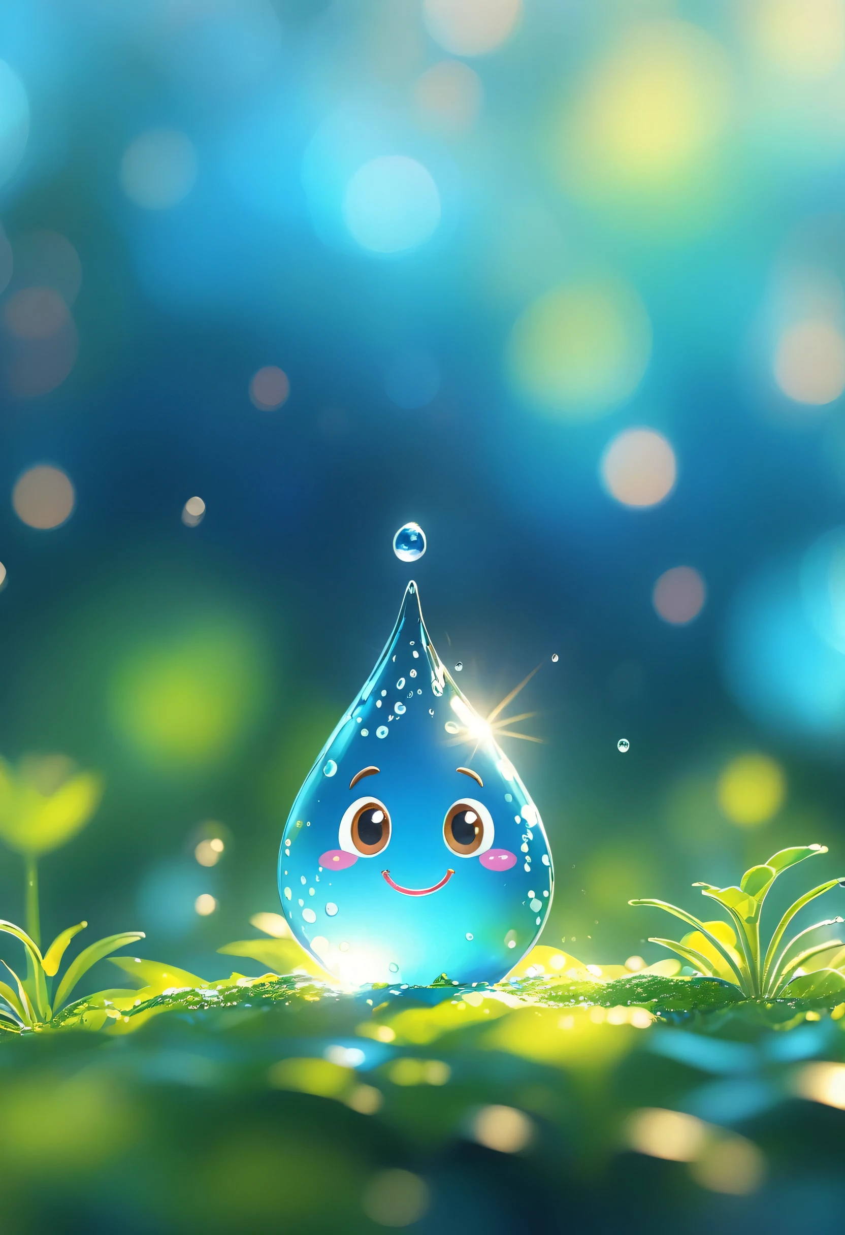 (masterpiece, Highest quality:1.2), Close-up of a cartoon anthropomorphic water drop on a blue background, Cute water drops、Beautiful and detailed digital art, 4K High Resolution、Illustration wallpaper, Cute water drops、 Blurred dream picture, 4K 、HD Wallpaper Illustration, Cute 3D rendering, Beautiful artistic illustration, 2D illustration, 2D illustration, Blurry dreamy illustration, Spectacular concept art. Bokeh、Depth of subject、