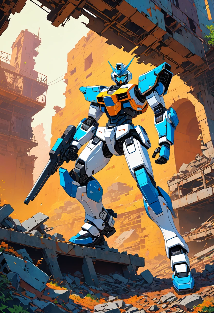 (masterpiece, best quality:1.1), (ultra highres, ultra-detailed:1.2),pop-art,flatcolor,one boy,(male android),(head is microwave-oven),(wearing mechanical butler suit),mecha arm,mecha foot, BREAK in mechanical ruins,absurdity, extraordinary,dynamic angle,(pose),