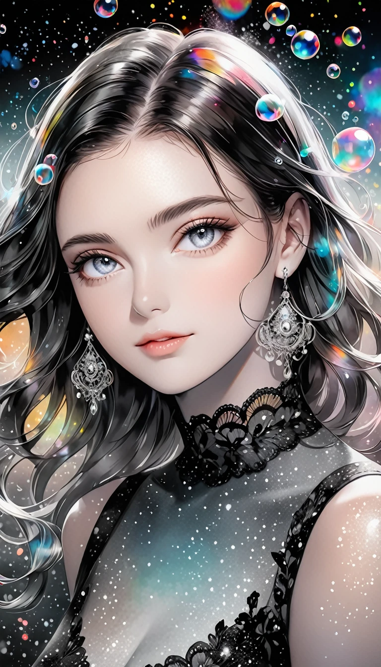 fusion of watercolors and oil paintings, mix of monochrome and color, beautiful woman, portrait, shading effects, gradation magic effects, glitter effects, soap bubbles effects, foggy filter effect, (ultra detailed, absolutely resolution, best quality:1.3), 2.5D, delicate and dynamic