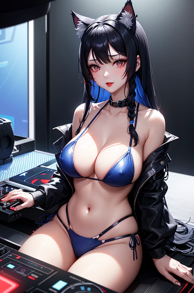 Detailed facial details，girl,Red lips，Cat ear，Black long hair，Large Breasts，Collar，Radiant Skin，Wearing black latex bikini，在俱乐部做 DJ 的girl，Lying in bed，Cyberpunk, White and blue gradient braided long hair flashing lights, Neon holographic transparent office，Glass