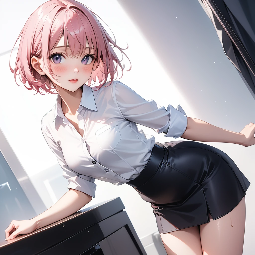 ((table top, highest quality, High resolution, nffsw, perfect pixel, 4k, nffsw, nffsw))), 1 girl, single, alone, beautiful woman、I could see the whole body、 ((short wavy hair, bangs, brown hair)), ((brown eyes, beautiful eyelashes, realistic eyes)), ((detailed face, blush:1.2)), ((smooth texture:0.75, realistic texture:0.65, realistic:1.1, Anime CG style)), medium breasts, dynamic angle, perfect body, ((school uniform, white shirt, black skirt, unbuttoned shirt、plaid skirt、white socks)), classroom without people、sit at desk、..、evening、、、Very embarrassing panic smile、(lift the skirt with your right hand、open your legs、open your knees wide、puusy show, pussy line, pussy)、、(pink lace bra)、angle from below, masturbation