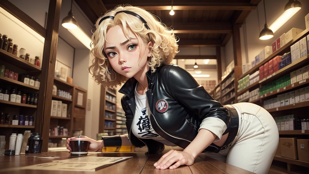 (Anime character style), (manga character style), (bd style), (Miyazaki design style) (ghibli color style) (Marvel style) Interior, by night, an ancient shop with vials and ancient remedies. Face us an mixed race woman with blond afro, black jacket, white teeshirt and black leather trouser. Low angle camera. High fidelity, high skin details, aspect 16:9, her eyes look determined. Low light in the store, some medicinal plants On table,