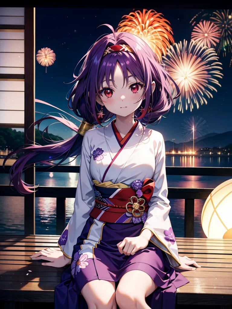 yuukikonno, Yuuki Konno, hair band, Long Hair, Pointed Ears, Purple Hair, Ahoge,(Red eyes:1.5), (Small breasts:1.2),low twin tail,smile,blush,Open your mouth,Purple Kimono,Purple long skirt,Fireworks in the night sky,Fireworks,The place is a fireworks display,Time is night,sunny day,Sitting on a bench,Wind Chimes,whole bodyがイラストに入るよう,
break looking at viewer, , whole body, (Cowboy Shot:1. 5)
break indoors, Veranda,Japanese garden,
break (masterpiece:1.2), Highest quality, High resolution, unity 8k wallpaper, (figure:0.8), (Beautiful attention to detail:1.6), Highly detailed face, Perfect lighting, Highly detailed CG, (Perfect hands, Perfect Anatomy),