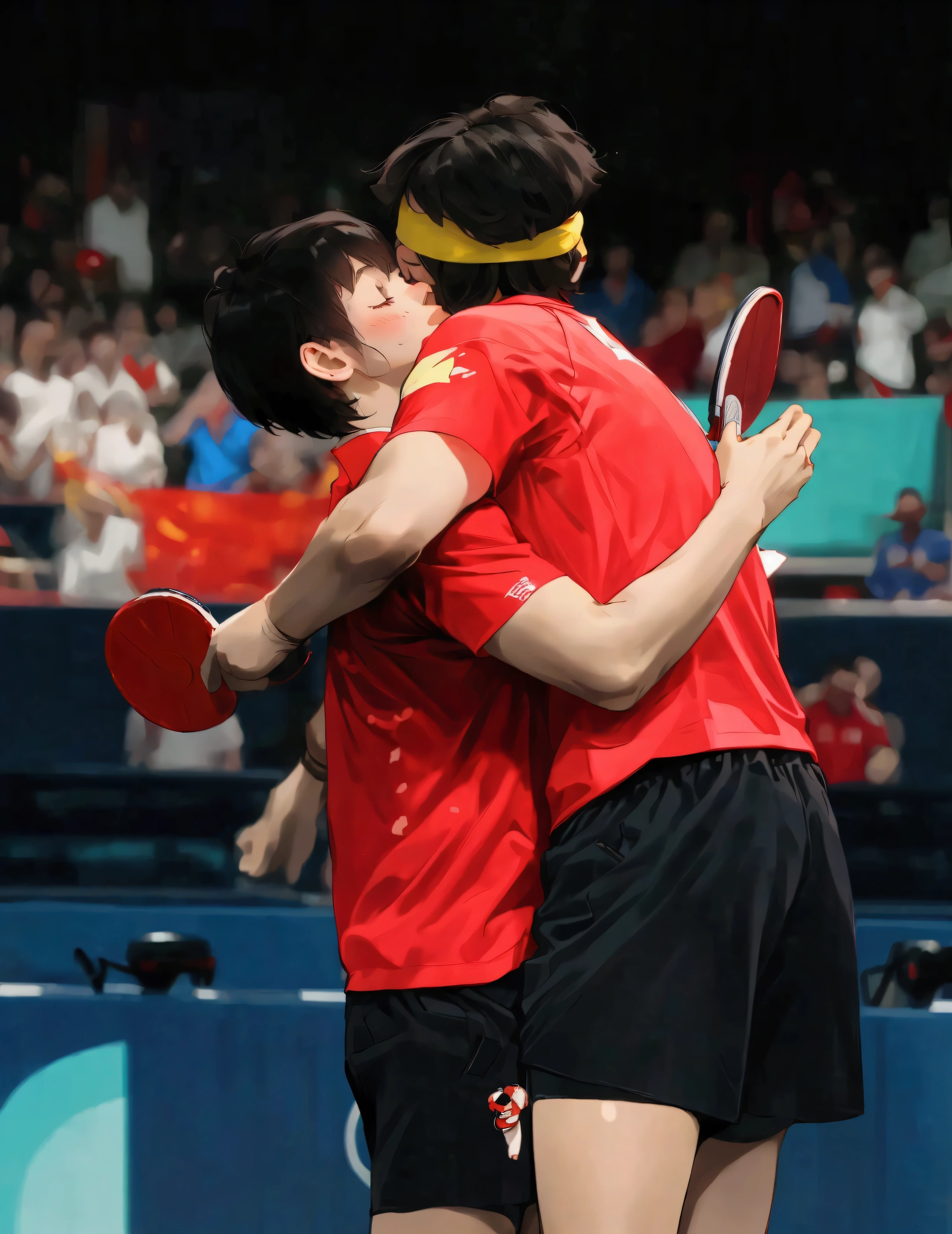 A cute short-haired girl and a boy,Delicate face,Wearing red T-shirt sportswear,Black sports shorts,Hand holding table tennis racket,Embrace,China,Olympic Games Pictures