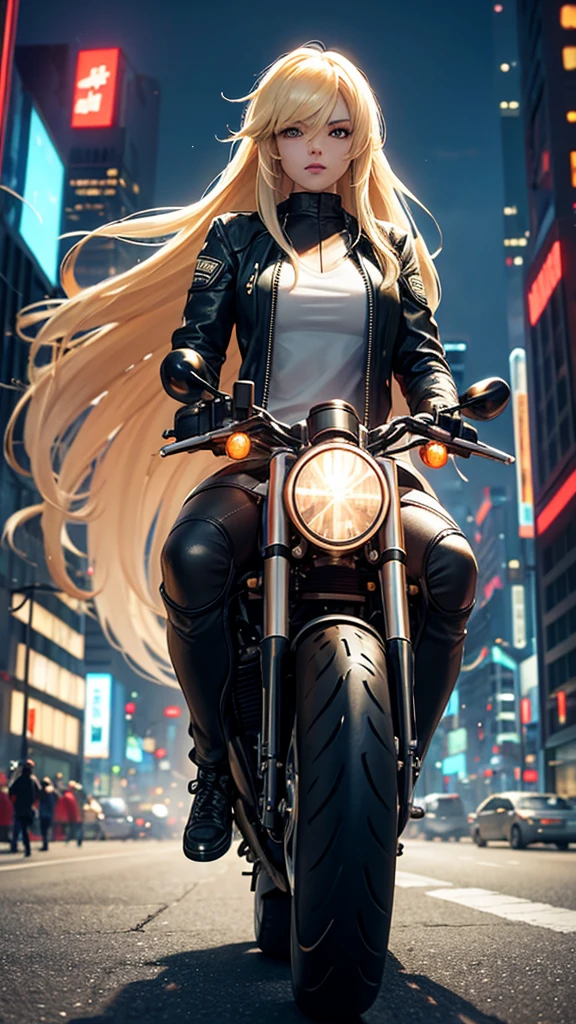 Cyberpunk city blonde girl with long hair on a motorcycle