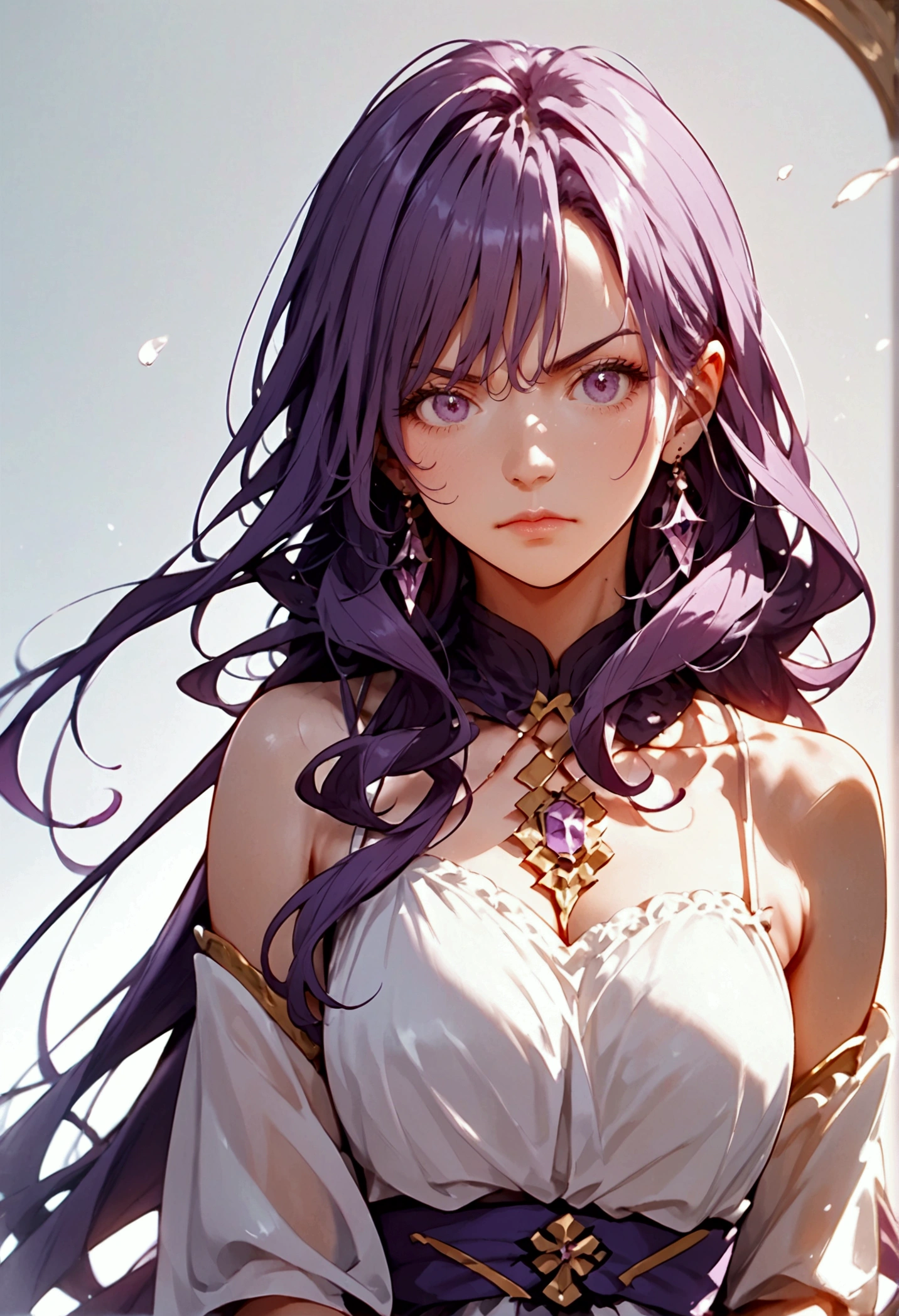 score_9, score_8_up, score_7_up, score_6_up, anime style, masterpiece, highly detailed, centered, cinematic shot, Anime girl sit posing for photo with long purple hair and earrings, an anime drawing inspired by Yanjun Cheng, Pisif, Fantasy art, purple flowing hair, Long curly purple hair, Guviz, a beautiful anime portrait, Guviz-style artwork, in the art style of bowater, Anime girl with long hair, purple wavy hair, Beautiful anime style, mature manhwa,