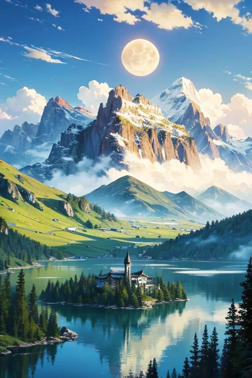 Highest quality、masterpiece、Landscape painting、Moon, Mountains and Lakes、Surrealism