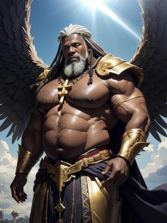 Hyperrealistic image of an elderly African man with branches of thorns stuck in his body and bleeding over 80 years old gray hair with dreadlocks African warrior holy martyr archangel superhero with rays of light coming out of his body and with two huge black wings spread with gray hair and a light halo with rays of light on his super heavy head and a very fat and very handsome bodybuilder with huge, flabby pectorals and large, pointed nipples very sweaty in a sky of very white clouds dressed only in a leather and gold Roman skirt and a cape and a large gold and jeweled cross on her chest.