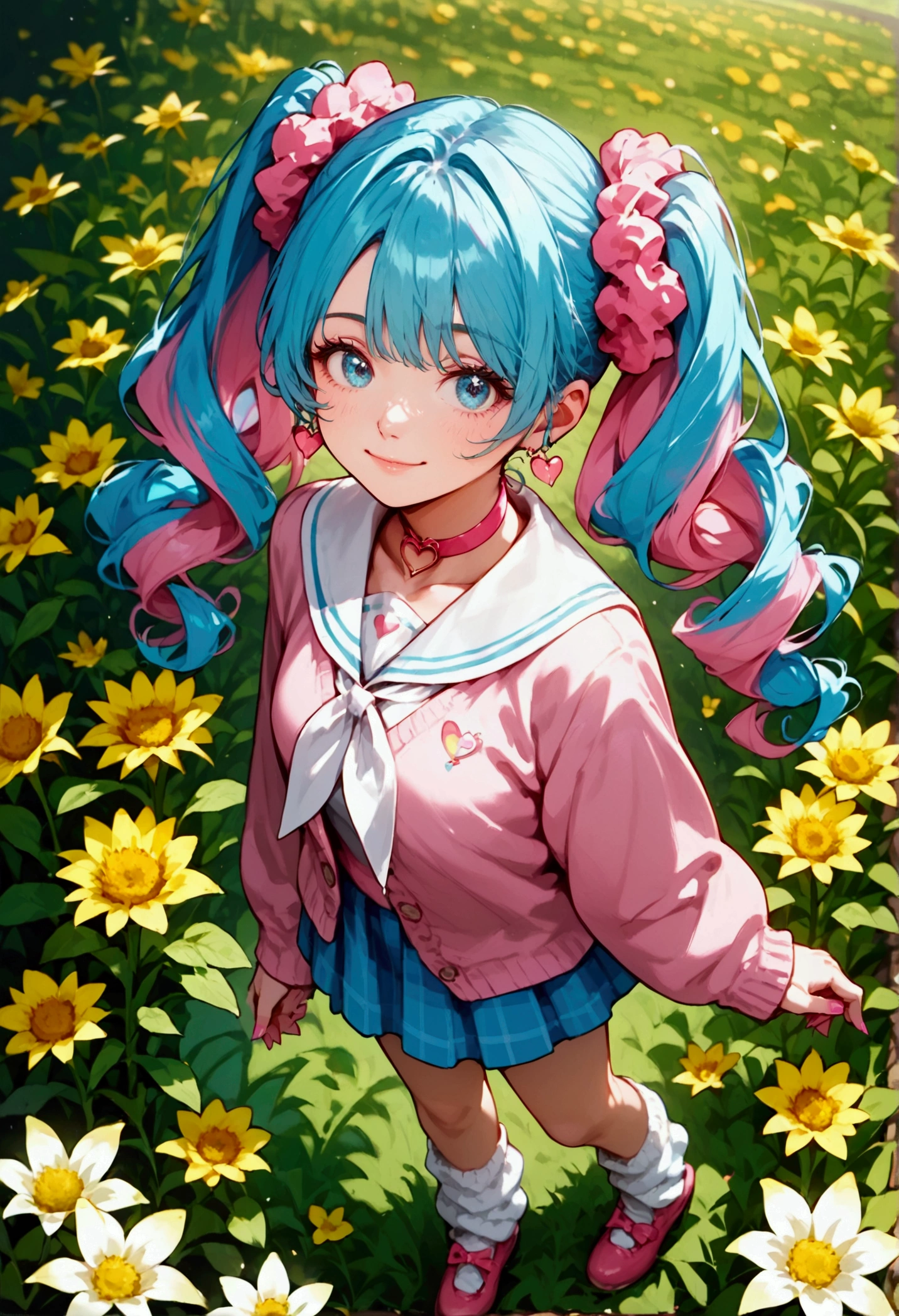 score_9, score_8_up, score_7_up, score_6_up, anime style, masterpiece, highly detailed, centered, cinematic shot, 1girl, light smile, head tilt, wariza, flower field, from above, fairymiku, blue eyes, two-tone hair, pink hair, blue hair, curly hair, twintails, hair flower, red flower, yellow flower, pink sweater, pink cardigan, white neckerchief, long sleeves, blue skirt, plaid skirt, miniskirt, loose socks, pink footwear, earrings, pink choker, heart choker, wrist scrunchie, nail polish, pink nails,, Beautiful anime style, mature manhwa,
