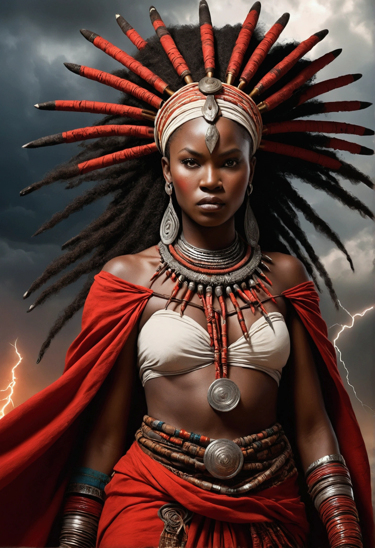 Iansã, African warrior queen, flowing beauty, red flowing robes, beautiful, large breasts: 1.4, lightning and thunder in the background, whip in hand, imposing, determined, a buffalo at her side, bodies with traditional African paintings with specific ritualistic symbols and patterns as used in the Odwira festival, tribal painting. Mystical mythological style, power and magic, high quality, photorealistic, cinematic, 8k, intricate details, Afrofuturistic masterpiece