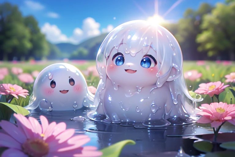 (2 Slime), lovely, Pink slime, Big eyes, Yellow Hair, Red eyes, short hair, hair band, Flower Field, blue sky, sunlight